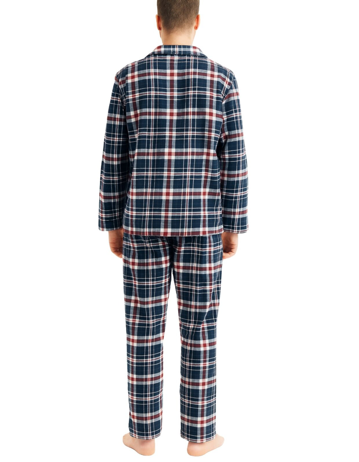Mens Flannelette Pyjama Set - Navy/Red/White (100% Cotton Two-Piece Soft PJs)
