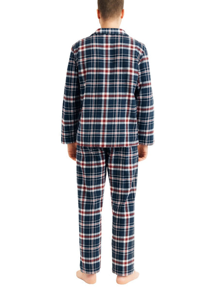 Mens Flannelette Pyjama Set - Navy/Red/White (100% Cotton Two-Piece Soft PJs)