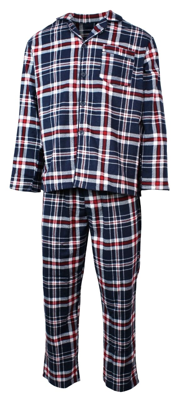 Mens Flannelette Pyjama Set - Navy/Red/White (100% Cotton Two-Piece Soft PJs)