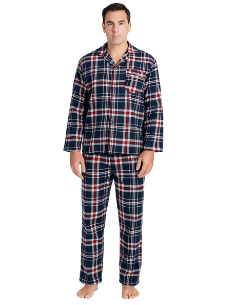 Mens Flannelette Pyjama Set - Navy/Red/White (100% Cotton Two-Piece Soft PJs)