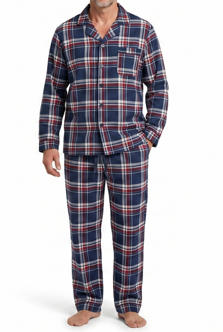Mens Flannelette Pyjama Set - Navy/Red (100% Cotton Two-Piece Long Sleeve Soft PJs)