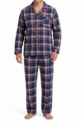 Mens Flannelette Pyjama Set - Navy/Red (100% Cotton Two-Piece Long Sleeve Soft PJs)