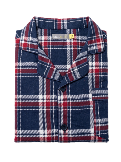 Mens Flannelette Pyjama Set - Navy/Red (100% Cotton Two-Piece Long Sleeve Soft PJs)