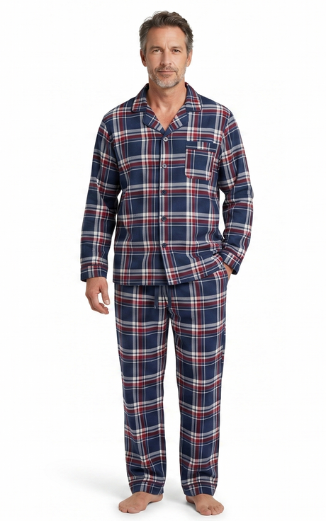 Mens Flannelette Pyjama Set - Navy/Red (100% Cotton Two-Piece Long Sleeve Soft PJs)