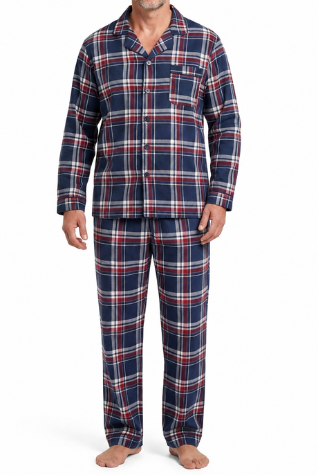 Mens Flannelette Pyjama Set - Navy/Red (100% Cotton Two-Piece Long Sleeve Soft PJs)
