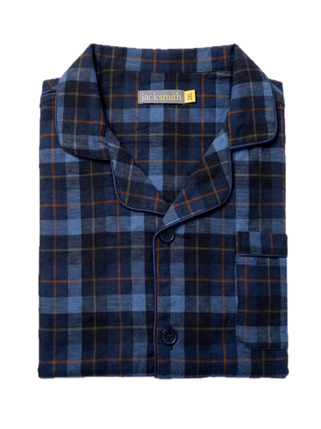 Mens Flannelette Pyjama Set - Navy/Rust (100% Cotton Two-Piece Long Sleeve Soft PJs)