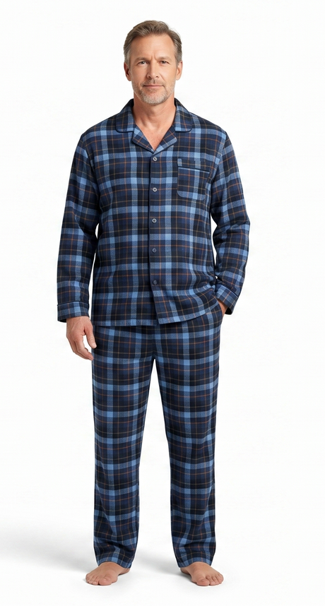 Mens Flannelette Pyjama Set - Navy/Rust (100% Cotton Two-Piece Long Sleeve Soft PJs)