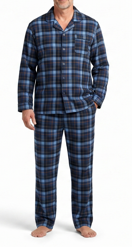 Mens Flannelette Pyjama Set - Navy/Rust (100% Cotton Two-Piece Long Sleeve Soft PJs)