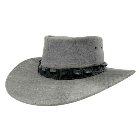 Jacaru 1134 Wild Roo Kangaroo Leather Digger Hat - Crocodile Hatband & UPF 50+ (Made in Australia) - Stonewash Grey