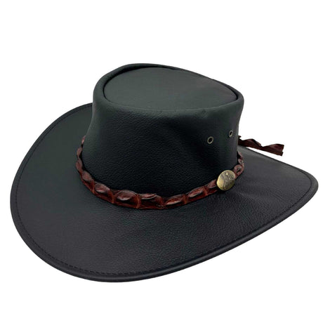 Jacaru 1134 Wild Roo Kangaroo Leather Digger Hat - Crocodile Hatband & UPF 50+ (Made in Australia) - Black