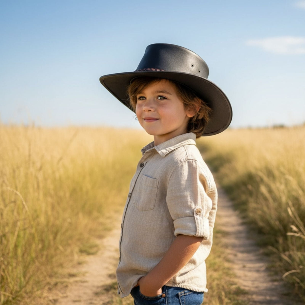 Jacaru 1301W Kids Waxed Leather Hat - Brown (Water Resistant UPF 50+ Child 52cm Made in Australia)