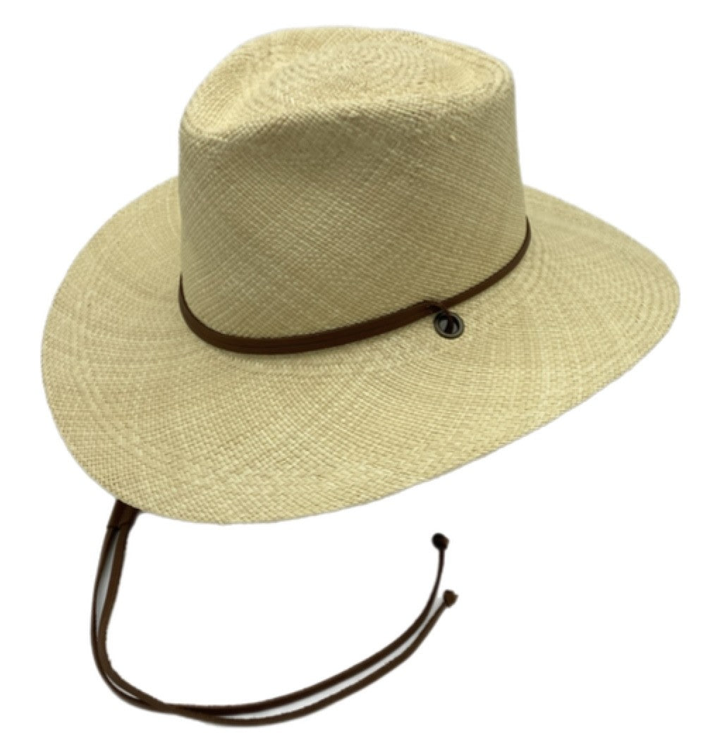 Jacaru 1806 Kalahari Toquilla Straw Panama Hat with Chinstrap - Beige (Wide Brim Handwoven in Ecuador Finished in Australia)