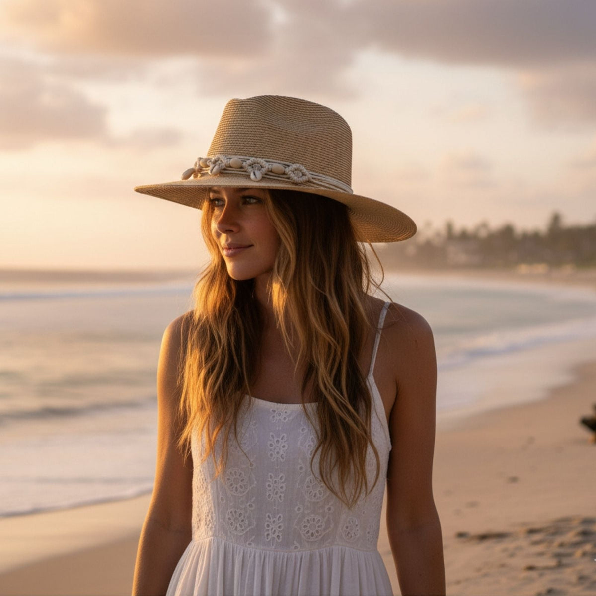 Jacaru 1816 Palm Straw Sun Hat with Shell Hatband - Natural (One Size Vegan Friendly)