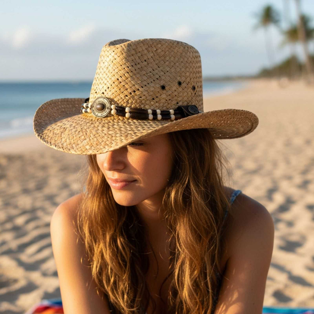 Jacaru 1818C Straw Cowboy Hat with Inca Beads Hatband - Natural (Vegan Friendly)