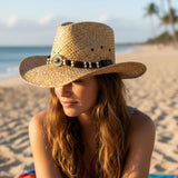 Jacaru 1818C Straw Cowboy Hat with Inca Beads Hatband - Natural (Vegan Friendly)
