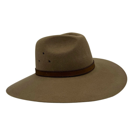 Jacaru 1859 Australian Wool Felt Fedora Hat - Wide Brim Water Resistant & UPF 50+ - Khaki Brown