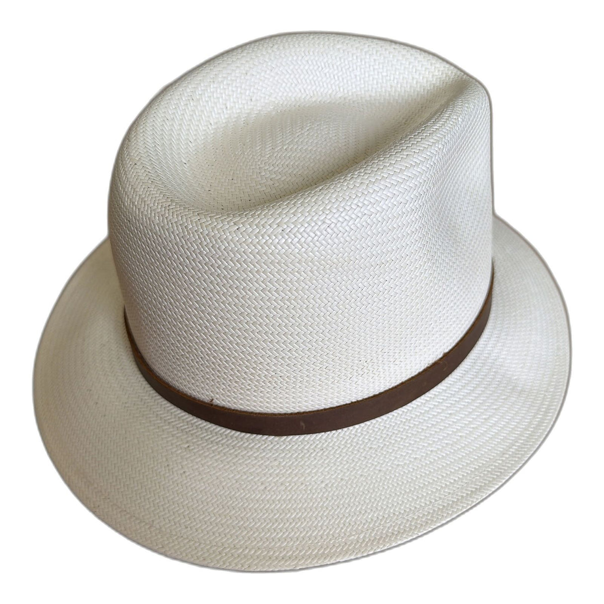 Premium Hand-Woven Ecuadorian Shantung Straw Fedora Hat - White & Brown Leather (Made in USA)