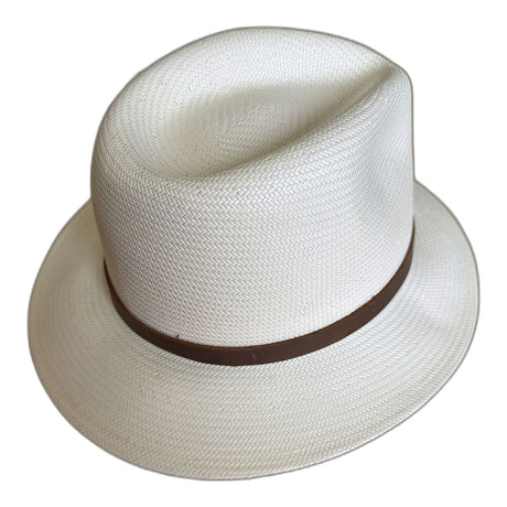 Strand Hatters Hand-Woven Ecuadorian Shantung Straw Fedora Hat - White & Brown Leather (Made in USA)