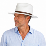 Premium Hand-Woven Ecuadorian Shantung Straw Fedora Hat - White & Brown Leather (Made in USA) - S