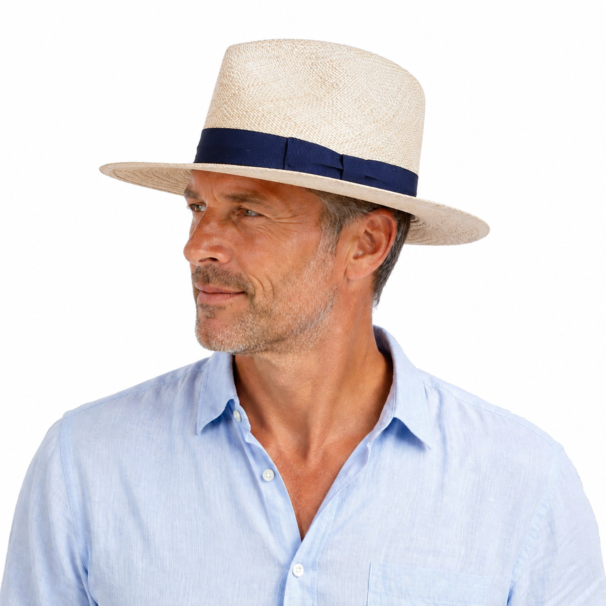 Hand Woven Ecuadorian Panama Straw Fedora Hat - Natural & Navy (Made in USA)