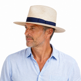 Hand Woven Ecuadorian Panama Straw Fedora Hat - Natural & Navy (Made in USA)