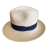 Hand Woven Ecuadorian Panama Straw Fedora Hat - Natural & Navy (Made in USA)
