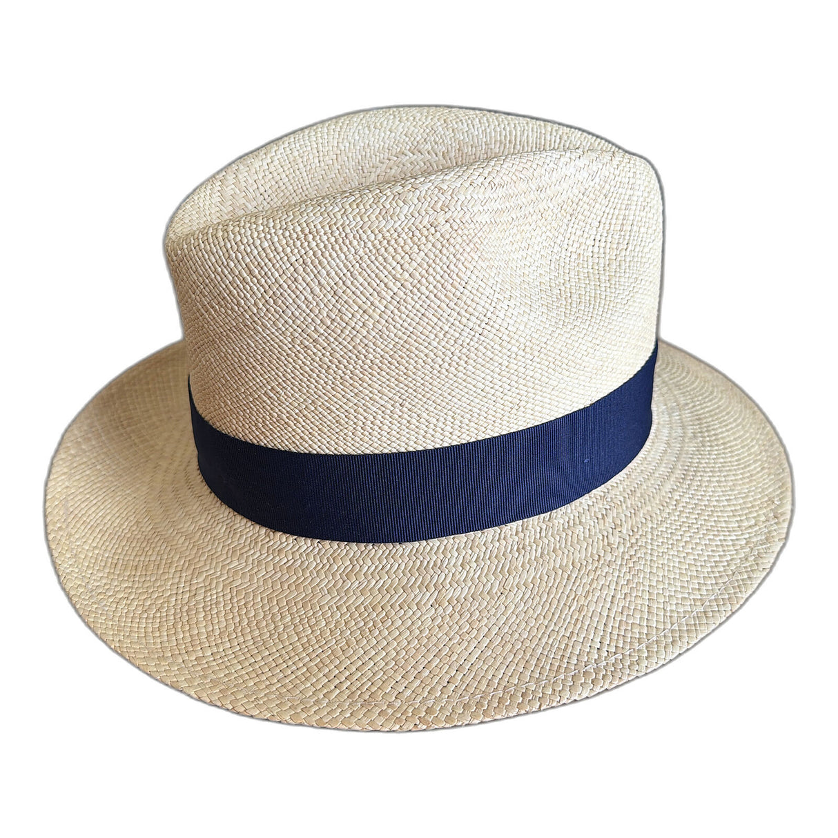 Hand Woven Ecuadorian Panama Straw Fedora Hat - Natural & Navy (Made in USA)
