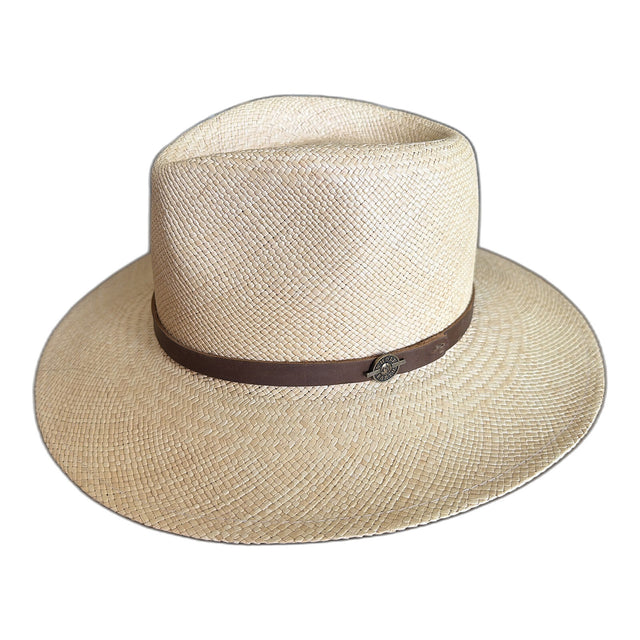 Panama Straw Fedora Hat - Natural & Brown Leather - S