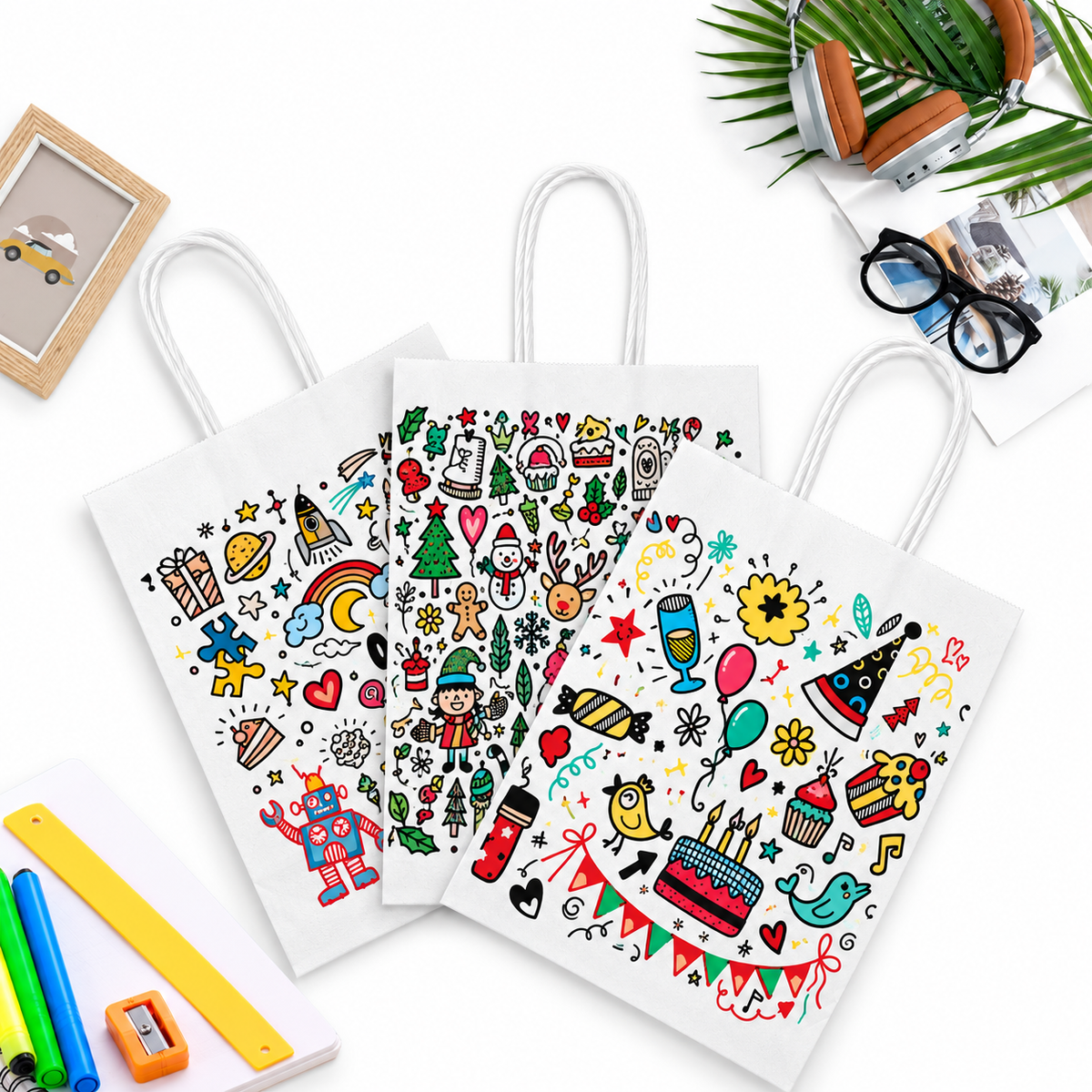 120x Kraft Paper Gift Bags Shopping Carry Craft White Bag w/ Handles Bulk (15x12x6cm)