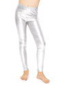 Kids Childrens Metallic Leggings Shiny Neon Stretch Dance Costume Pants in Silver - XS/S