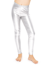 Kids Childrens Metallic Leggings Shiny Neon Stretch Dance Costume Pants in Silver