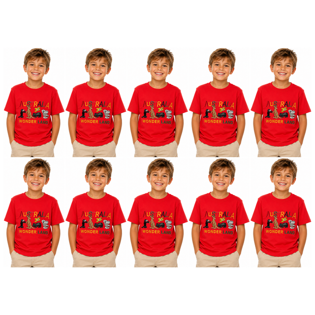 10x Kids Australian Animals T-Shirt Bulk Pack - Red (100% Cotton Childrens Souvenir Gift Top)
