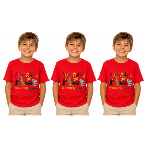 3x Kids Australian Animals T-Shirt Pack - Red (100% Cotton Childrens Souvenir Gift Top)