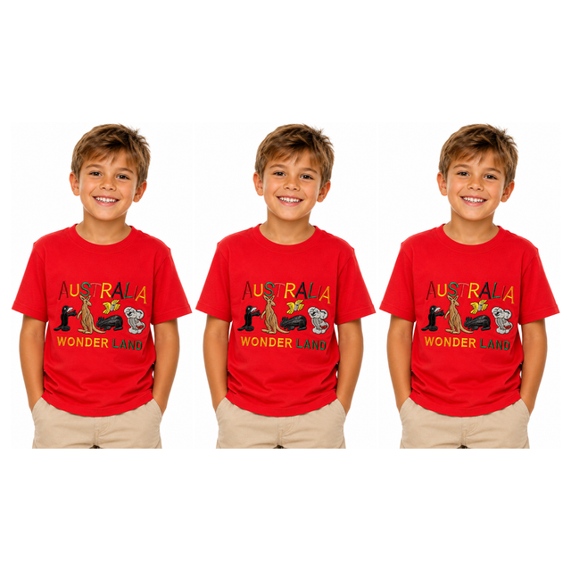 3x Kids Australian Animals T-Shirt Pack - Red (100% Cotton Childrens Souvenir Gift Top)