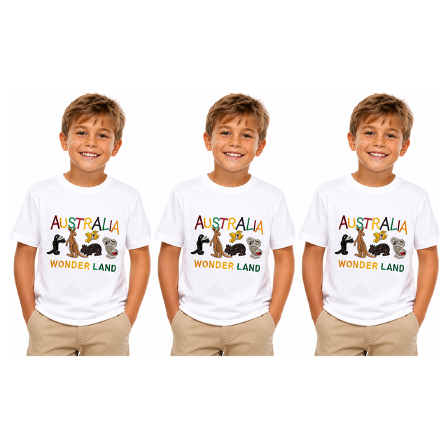 3x Kids Australian Animals T-Shirt Pack - White (100% Cotton Childrens Souvenir Gift Top)