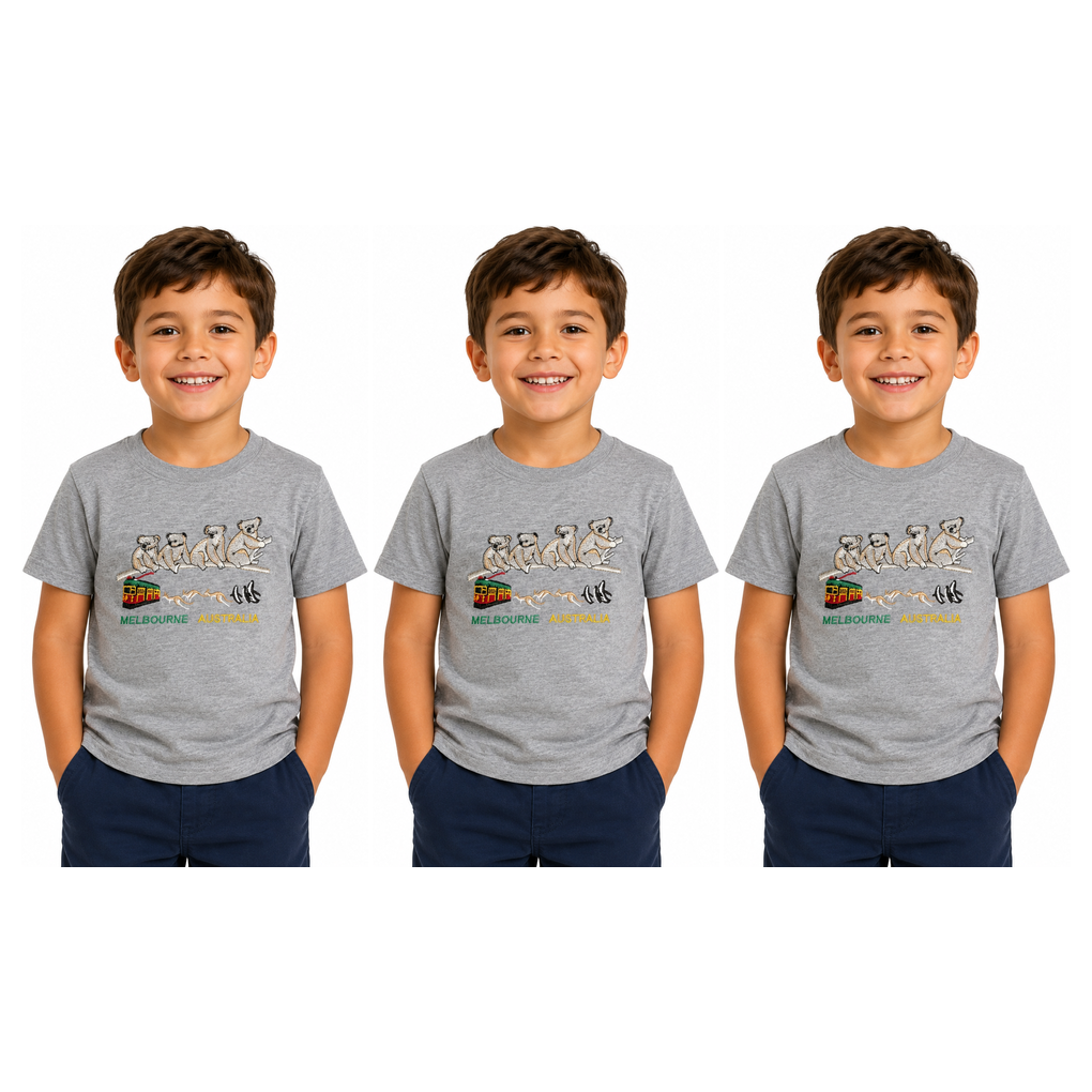 3x Kids Koala Melbourne Australia T-Shirt Pack - Grey (100% Cotton Childrens Souvenir Gift Top) - 8