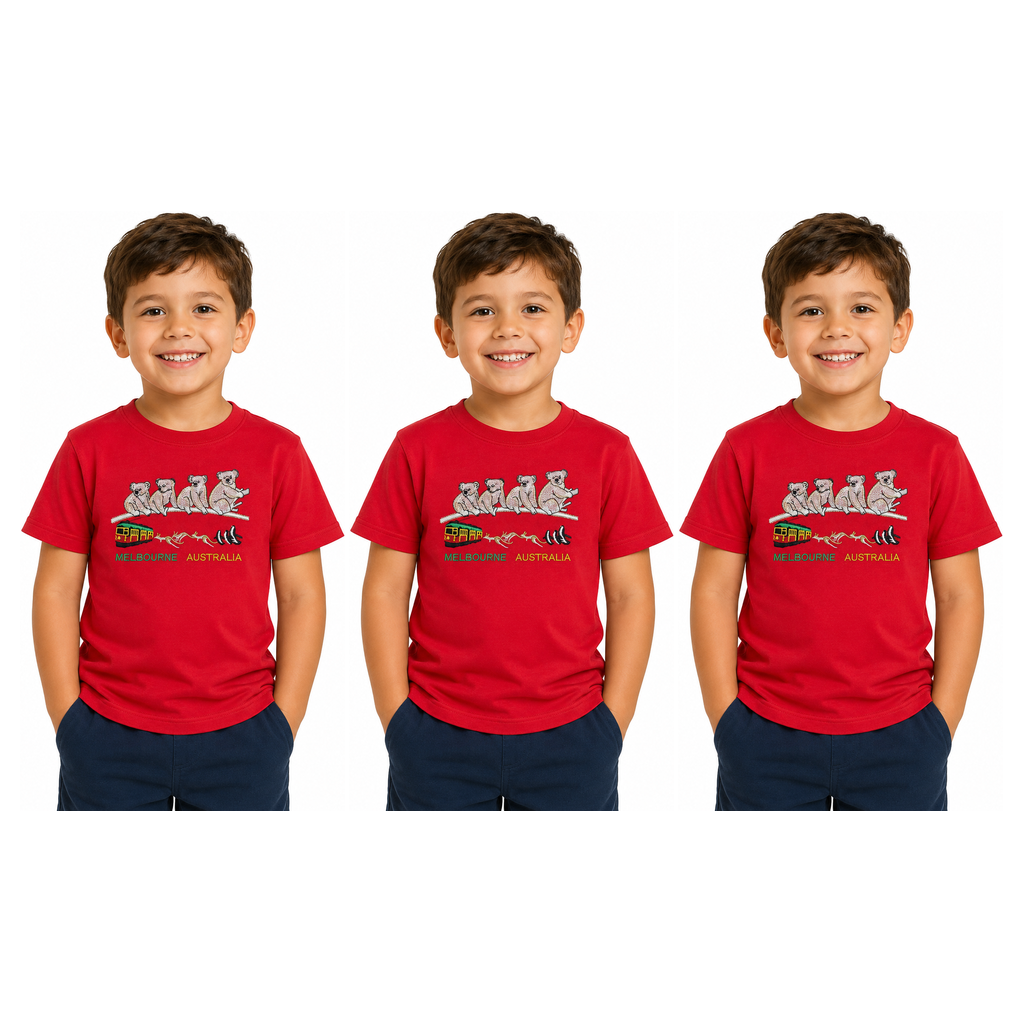 3x Kids Koala Melbourne Australia T-Shirt Pack - Red (100% Cotton Childrens Souvenir Gift Top) - 8