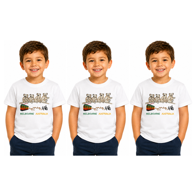 3x Kids Koala Melbourne Australia T-Shirt Pack - White (100% Cotton Childrens Souvenir Gift Top)