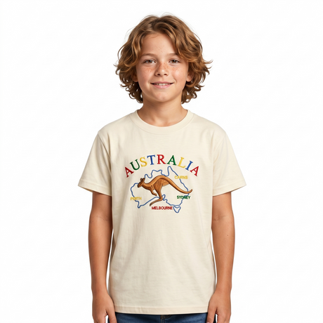 Kids Australian Souvenir Kangaroo T Shirt - Beige (100% Cotton Childrens Tee Top)