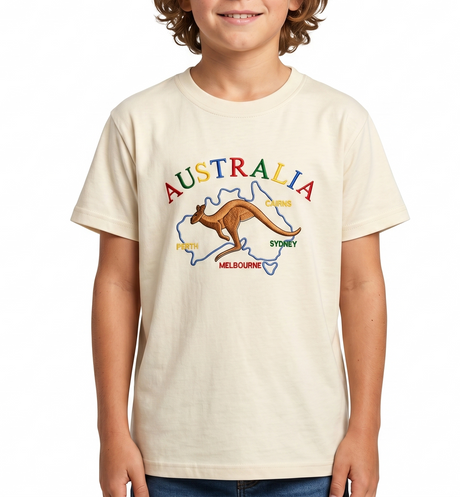 Kids Australian Souvenir Kangaroo T Shirt - Beige (100% Cotton Childrens Tee Top)