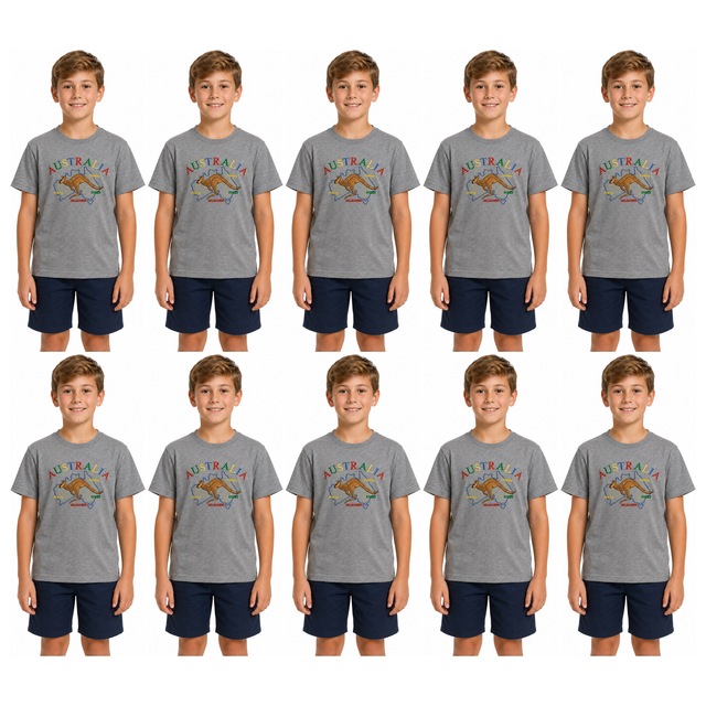 10x Kids Kangaroo Australia T-Shirt Bulk Pack - Grey (100% Cotton Childrens Souvenir Gift Top)