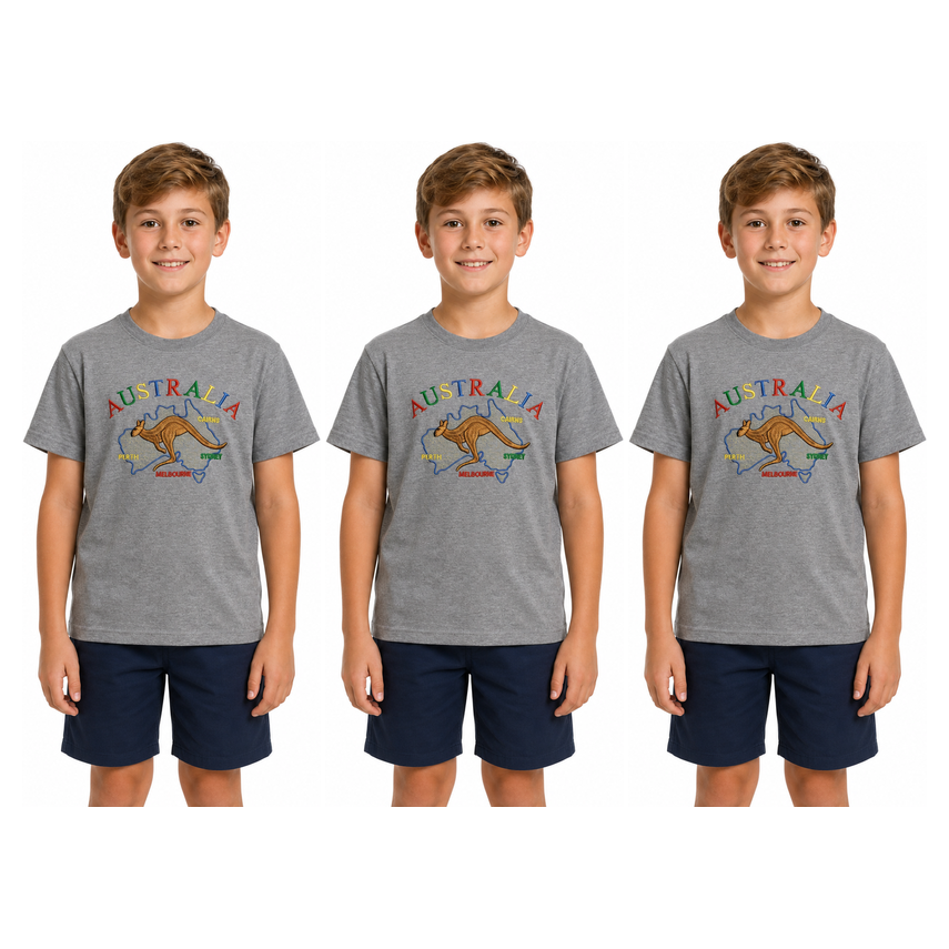 3x Kids Kangaroo Australia T-Shirt Pack - Grey (100% Cotton Childrens Souvenir Gift Top)