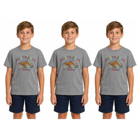 3x Kids Kangaroo Australia T-Shirt Pack - Grey (100% Cotton Childrens Souvenir Gift Top)