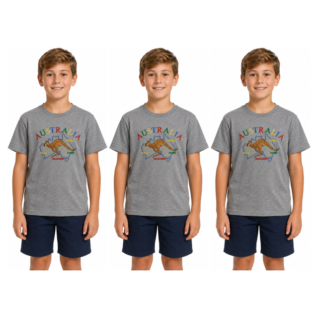 3x Kids Kangaroo Australia T-Shirt Pack - Grey (100% Cotton Childrens Souvenir Gift Top)