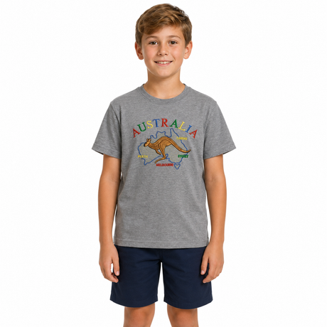 Kids Kangaroo Australia T-Shirt - Grey (100% Cotton Childrens Souvenir Gift Top)