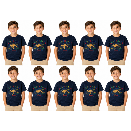10x Kids Kangaroo Australia T-Shirt Bulk Pack - Navy Blue (100% Cotton Childrens Souvenir Gift Top)