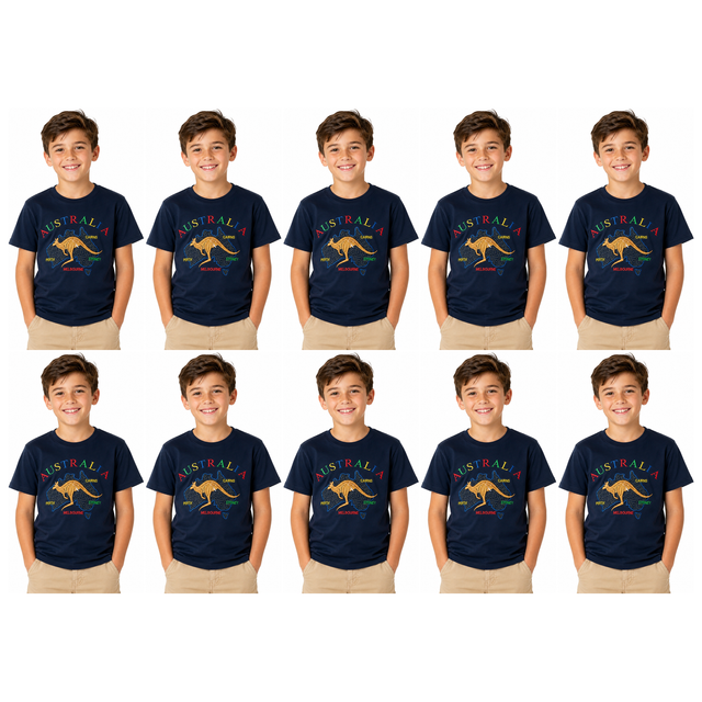 10x Kids Kangaroo Australia T-Shirt Bulk Pack - Navy Blue (100% Cotton Childrens Souvenir Gift Top)