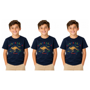 3x Kids Kangaroo Australia T-Shirt Pack - Navy Blue (100% Cotton Childrens Souvenir Gift Top)