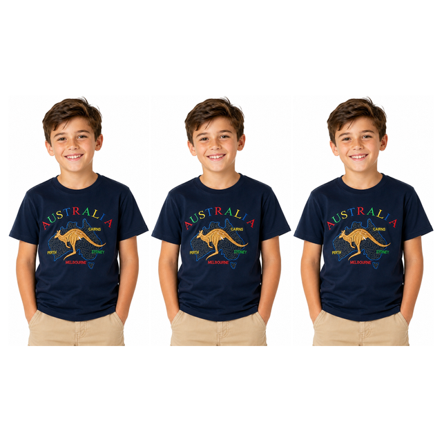3x Kids Kangaroo Australia T-Shirt Pack - Navy Blue (100% Cotton Childrens Souvenir Gift Top)