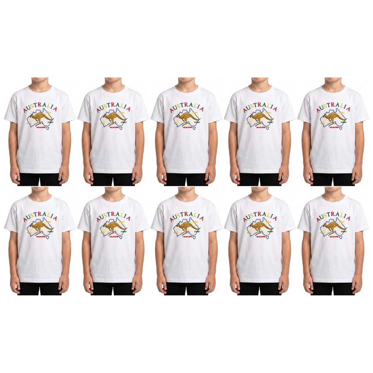10x Kids Kangaroo Australia T-Shirt Bulk Pack - White (100% Cotton Childrens Souvenir Gift Top)